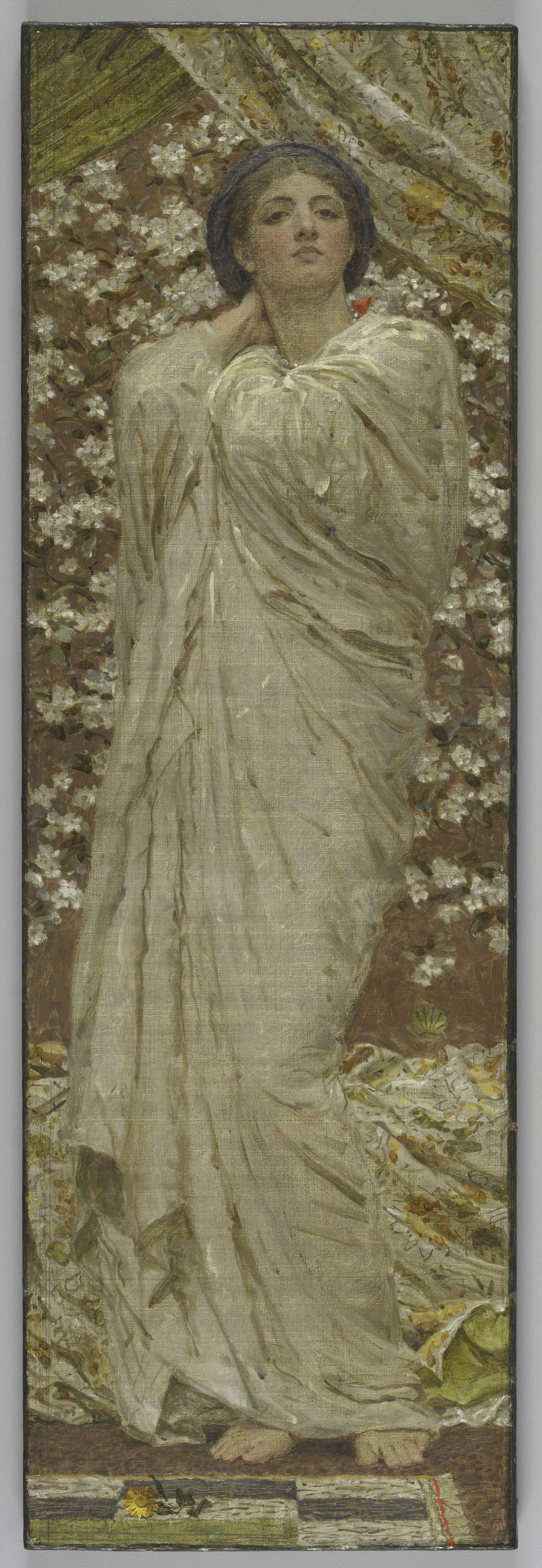 A full-length, oil-paint portrait of a standing female figure draped in a sheer robe which covers her from neck to ankle.