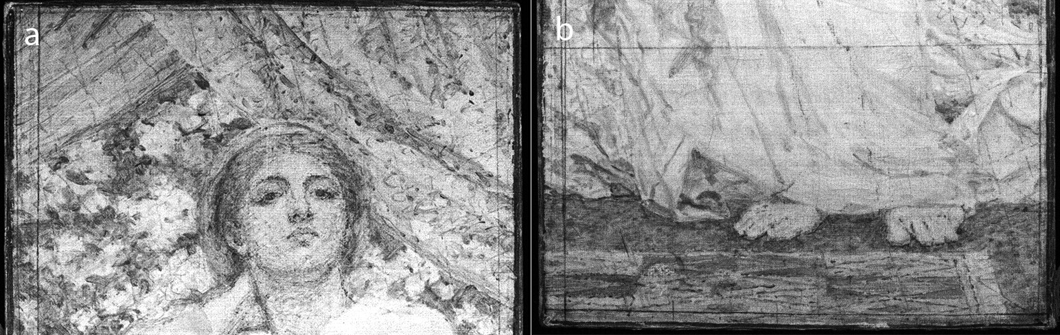 Two digital infrared images side by side labelled a and b, showing the gridding at top and bottom of Study for “Blossoms.”