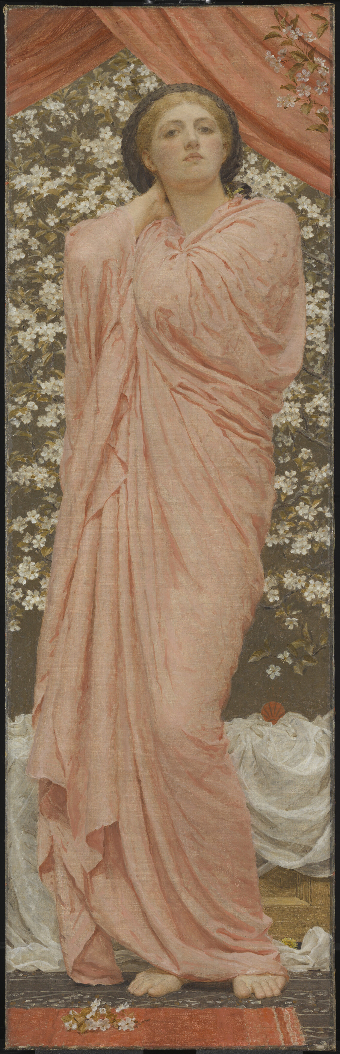 A full-length oil-paint portrait of a standing female figure draped in a robe, which covers her from neck to ankle.