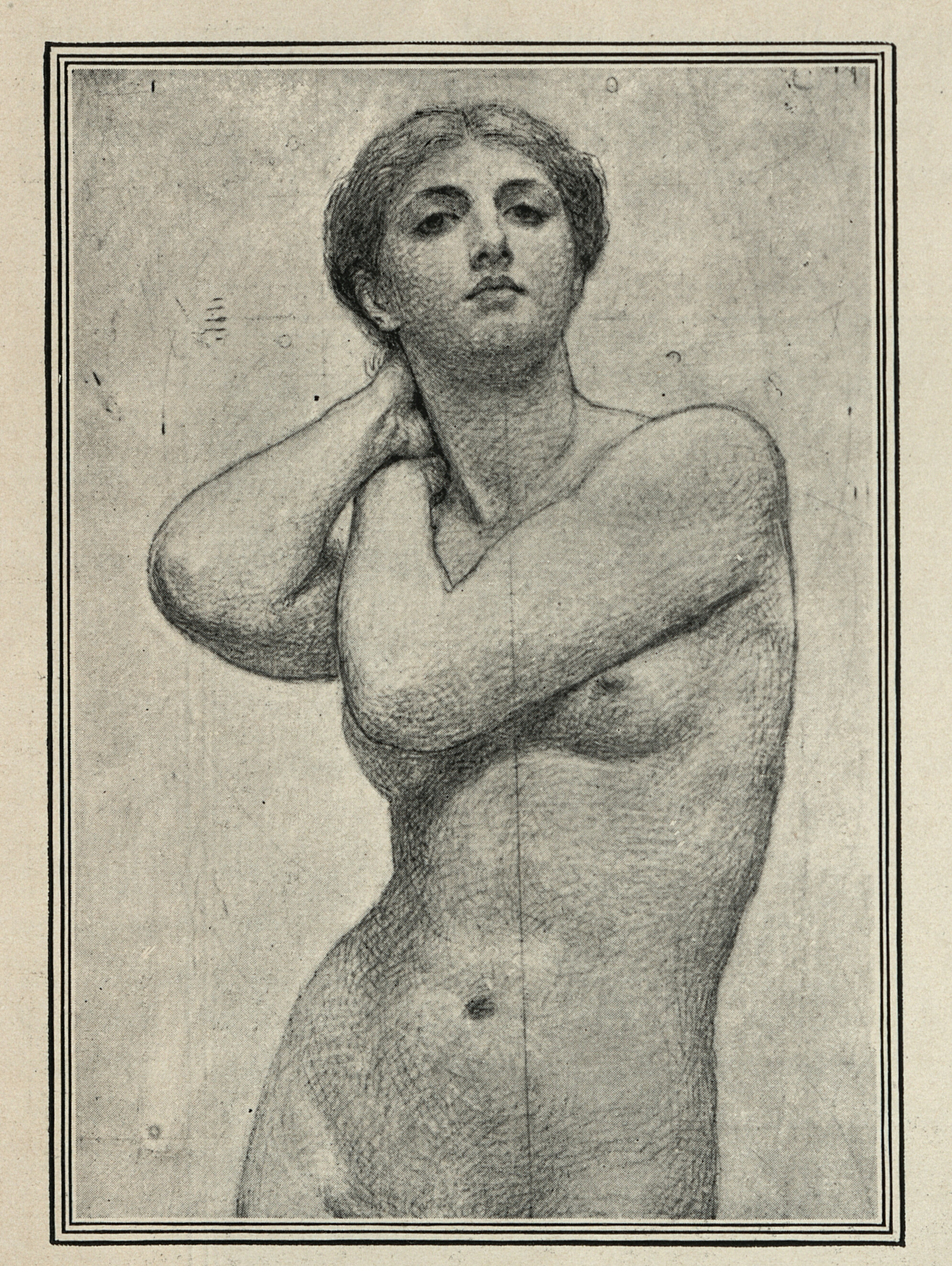 A half-length, rendered illustration of a nude female figure. Her body is front-on, and she gazes directly at the viewer.