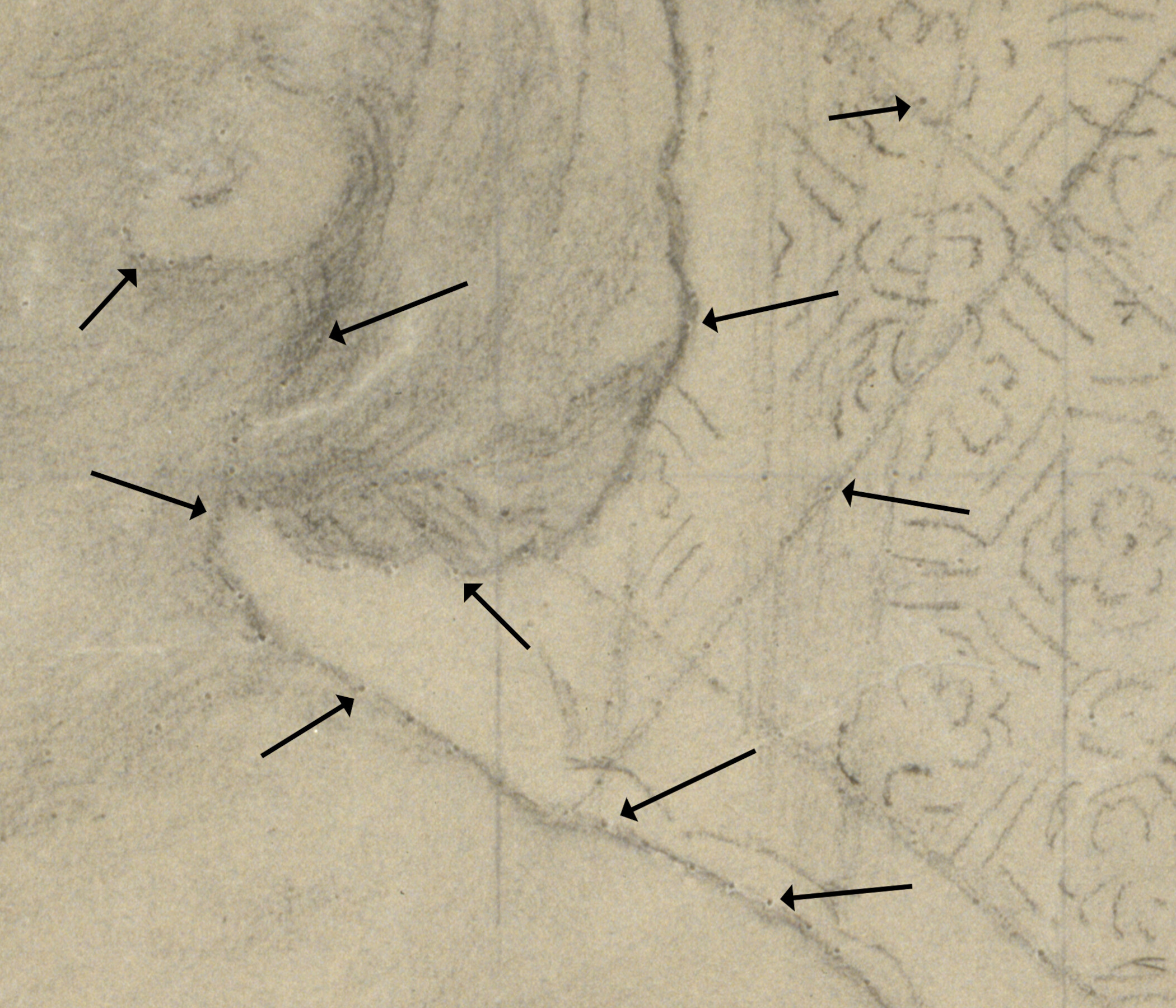 An annotated image highlighting holes in the paper support of a preparatory sketch.