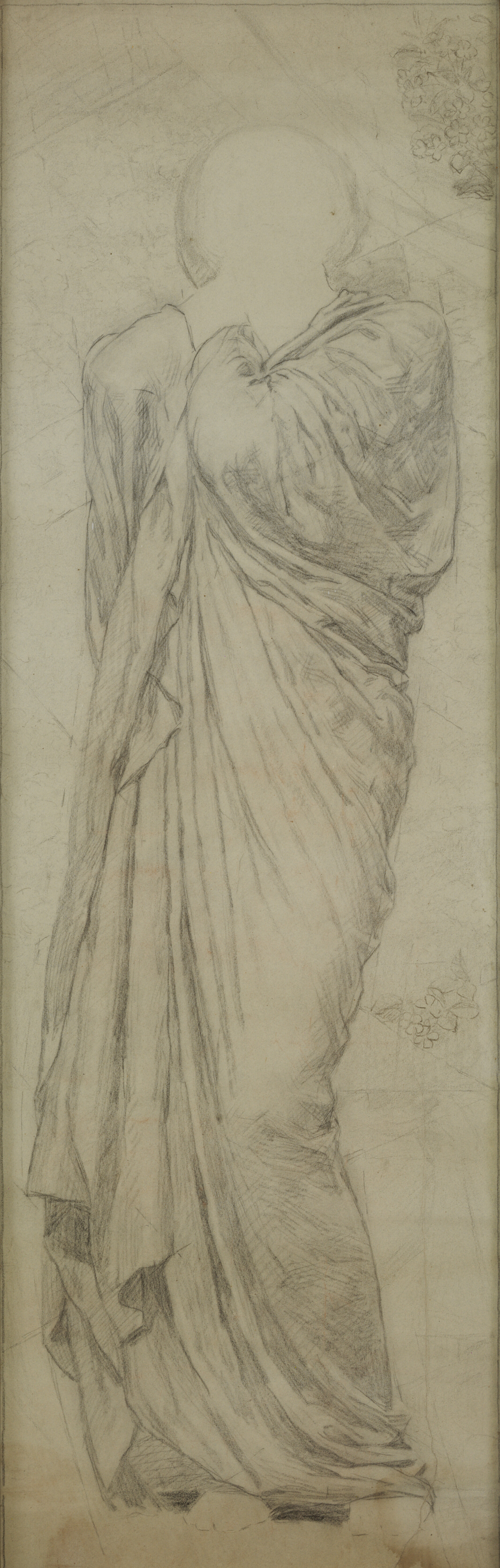 A full-length rendered charcoal illustration of a robe. The female figure wearing the garment has been removed.