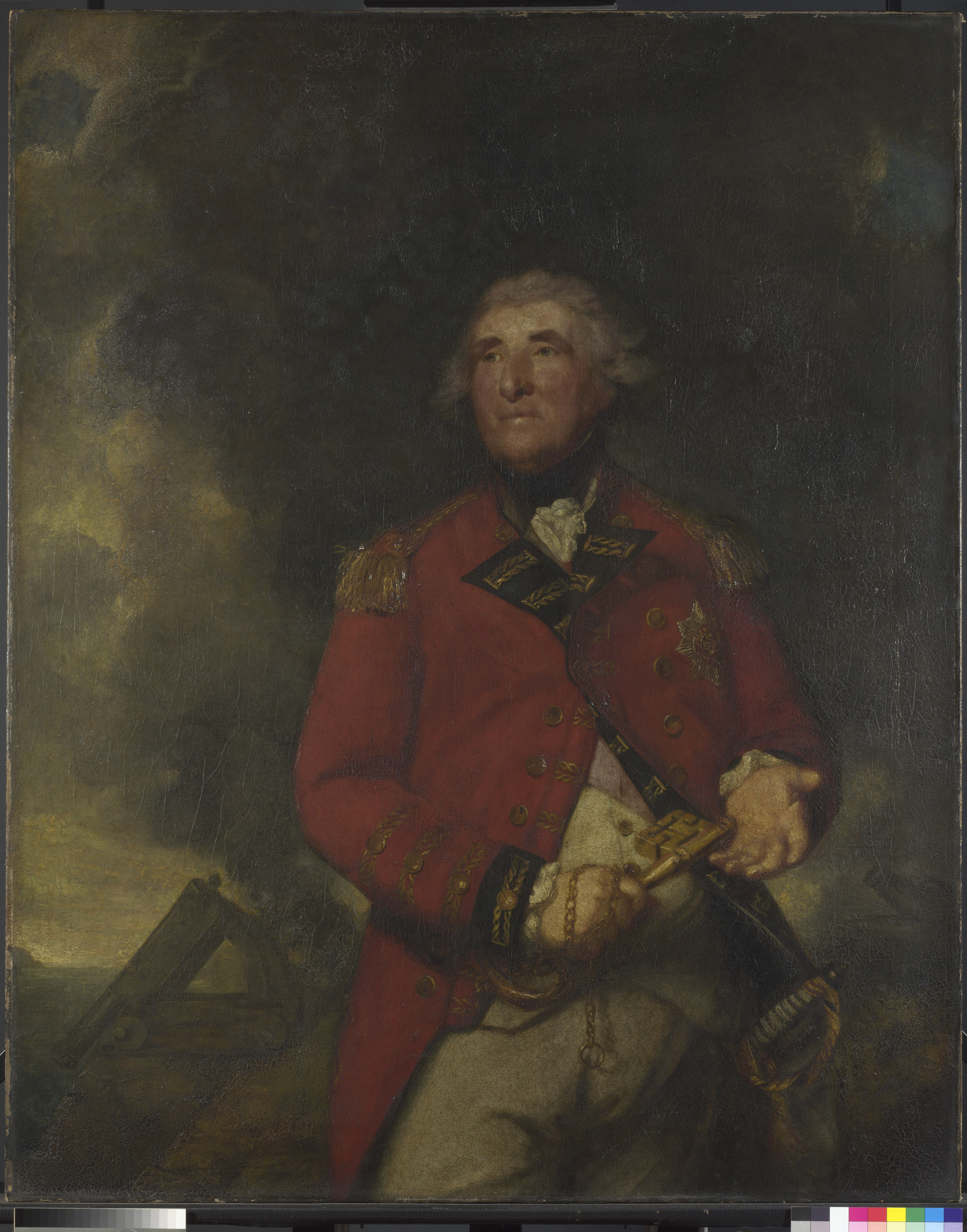 A portrait of a man wearing a red jacket over a white waistcoat and trousers. He holds a key and carries a sword. He stands against a distant landscape and a dark, cloudy sky.