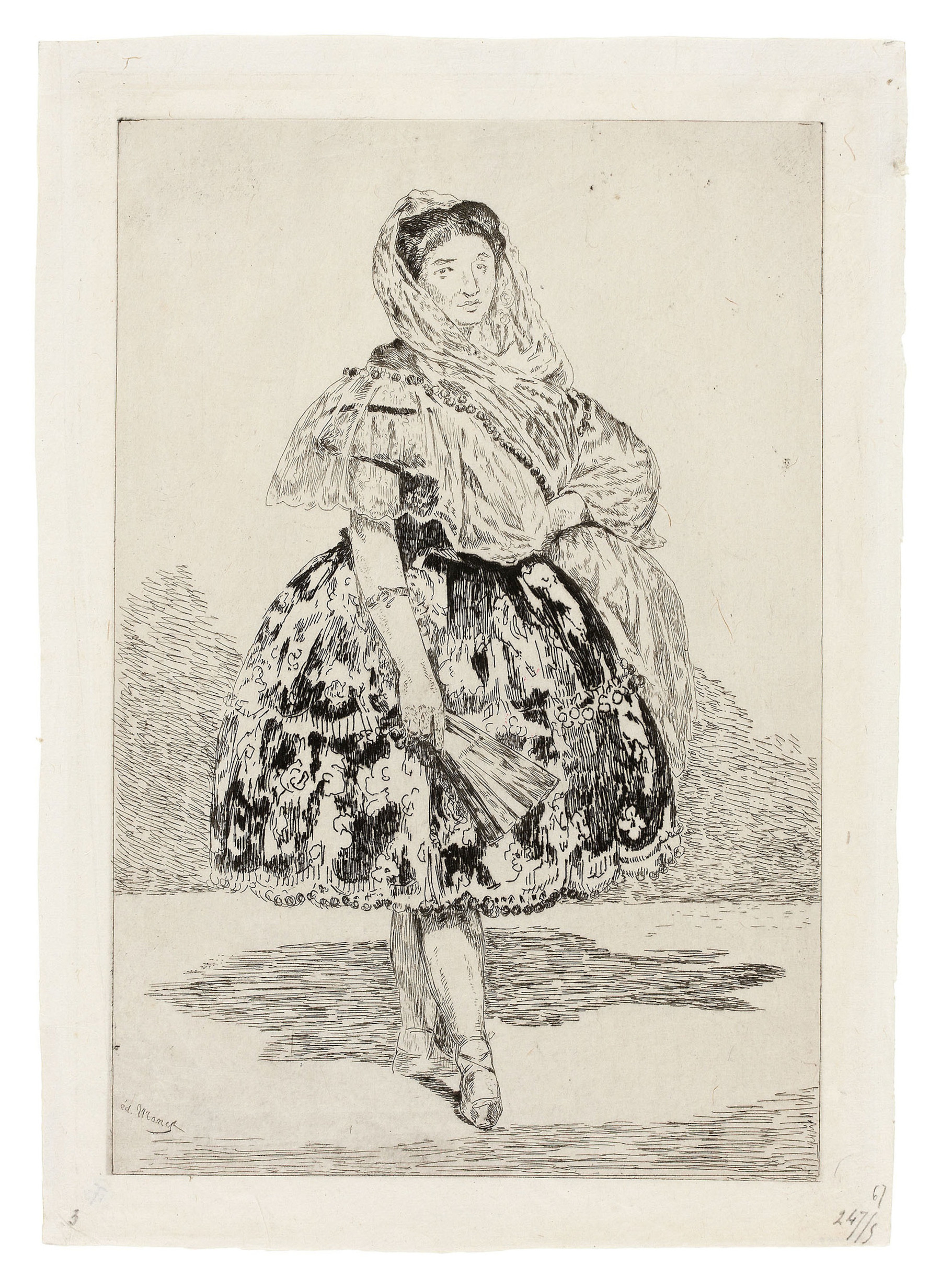 “Black and white full-length etching of Lola de Valence on ivory paper.”