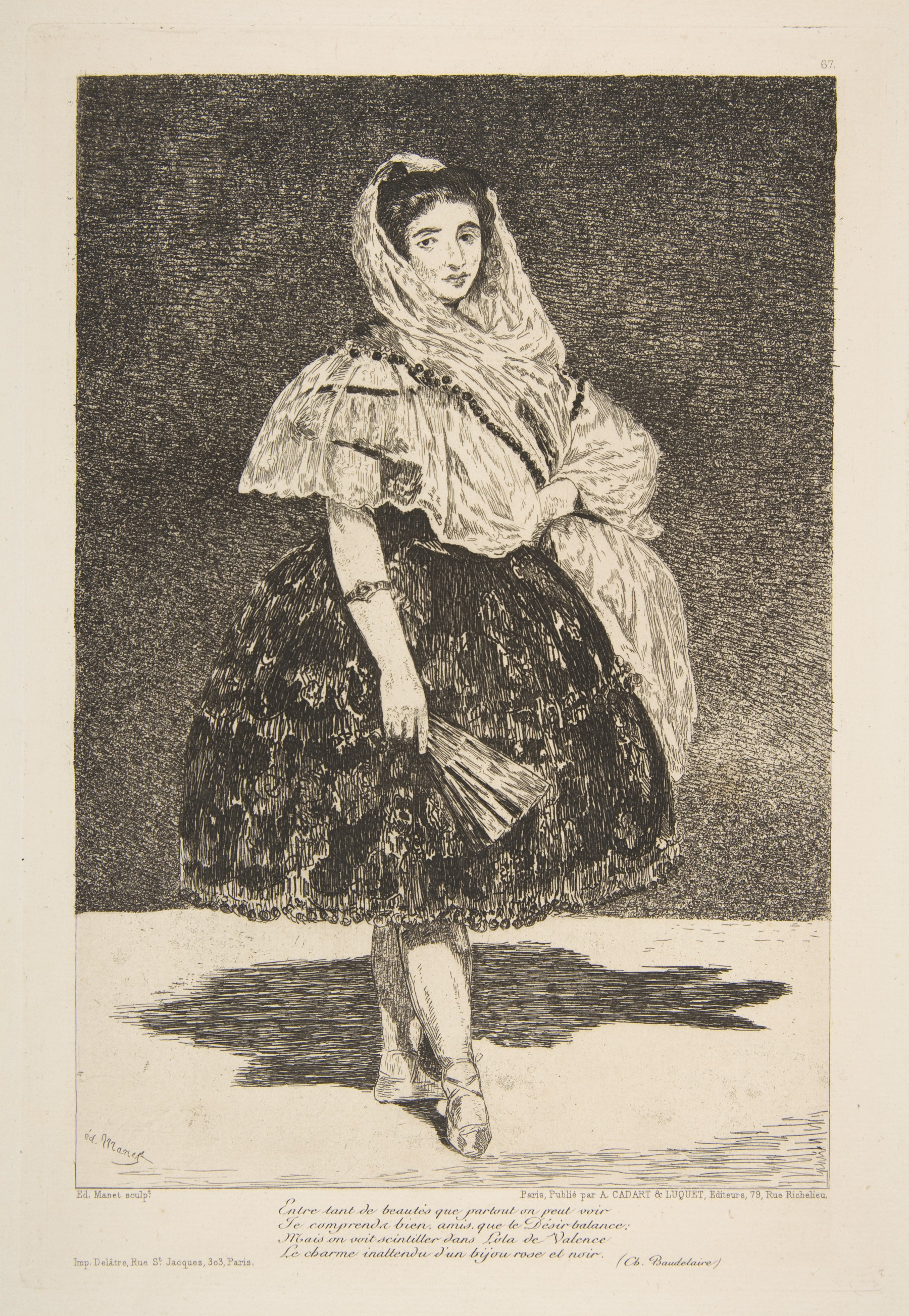 “Black and white full-length etching of Lola de Valence with aquatint background and several lines of text.”