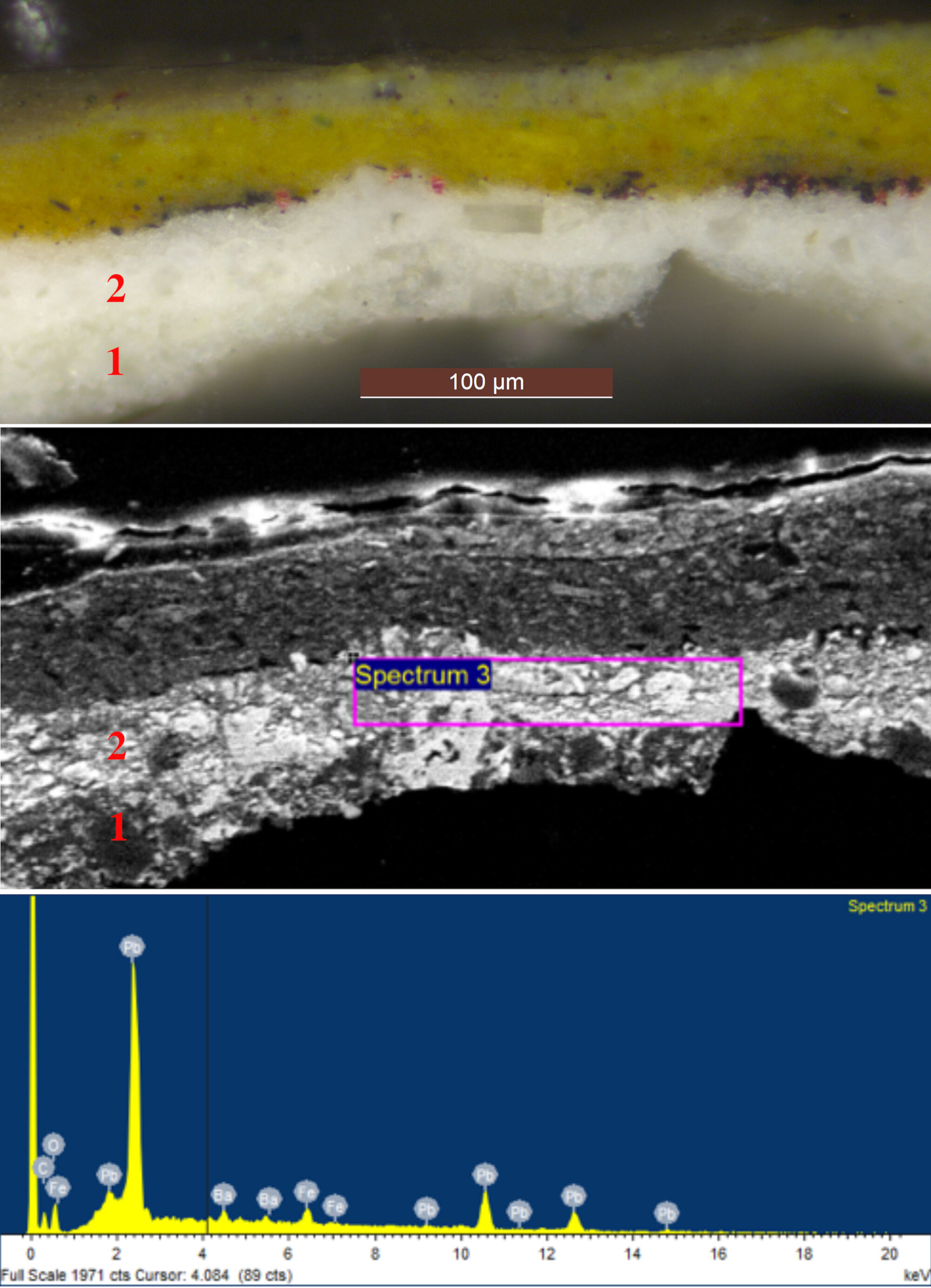 cross-section in normal light, backscattered electron image and SEM/EDX spectrum of second ground layer showing presence of lead, barium and iron.